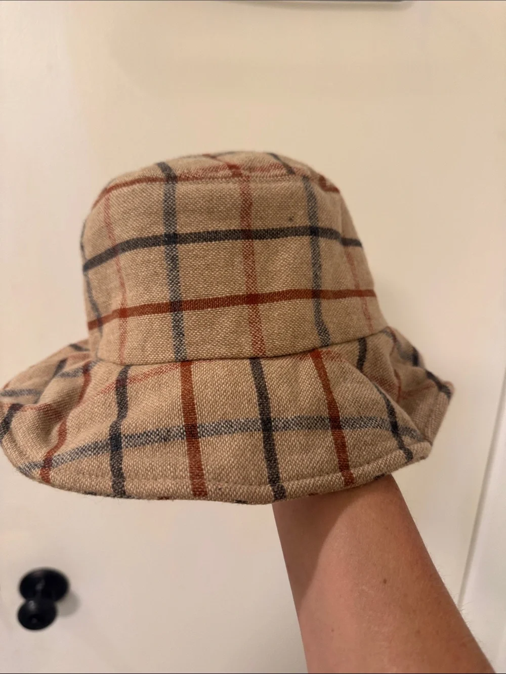 Beige Plaid Wool Blend Bucket Hat - Casual Women's Hat